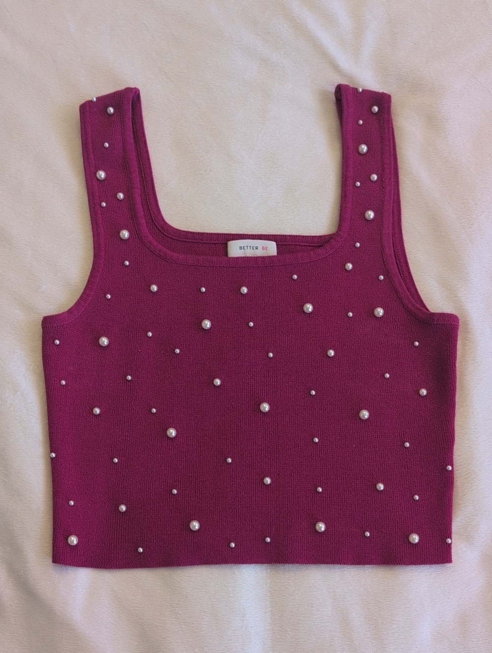 Better Be Magenta Pearl-Embellished Faux Pearls Knit Cropped Tank Top